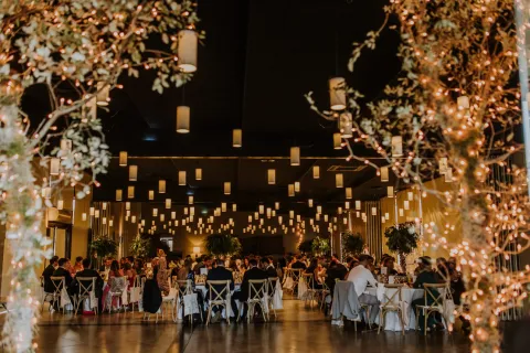 Outdoor wedding reception with lights at Can Ribas