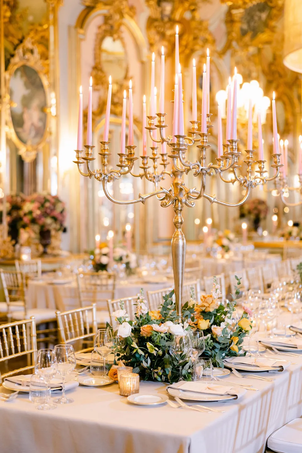 Ornate reception hall set for a wedding at Villa Cora